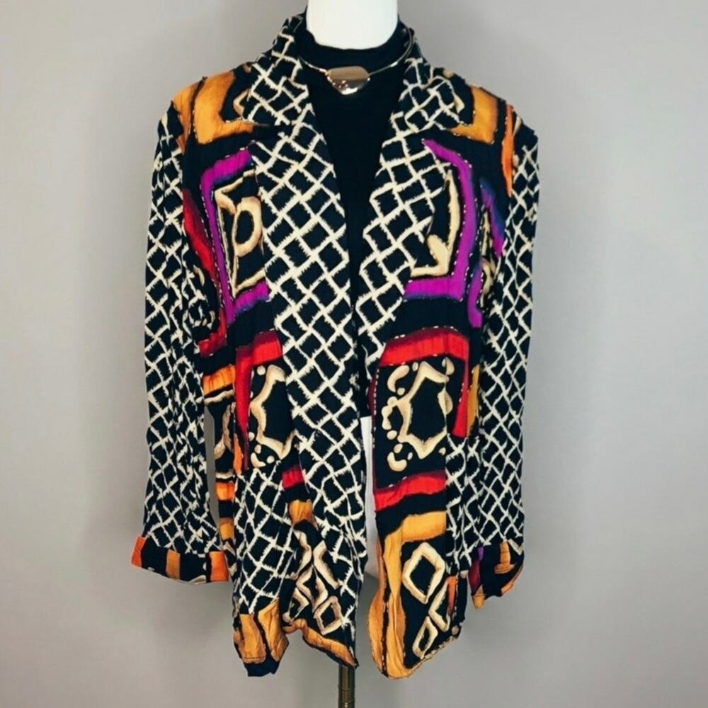Vintage 80s Surya Beaded Geometric Print Blazer Boho Size Medium